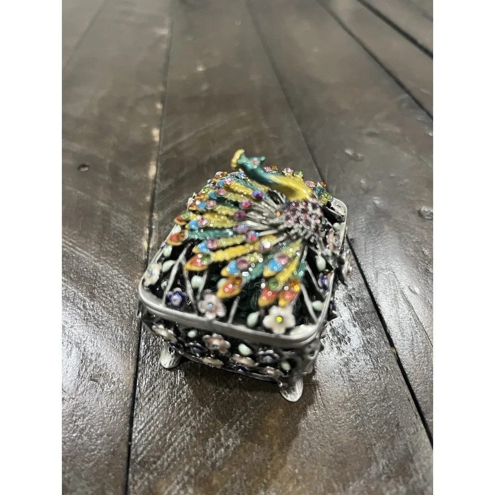 Vintage Peacock Enamel Rhinestone Floral Tree Footed Trinket‎ Box Heavy Hinged